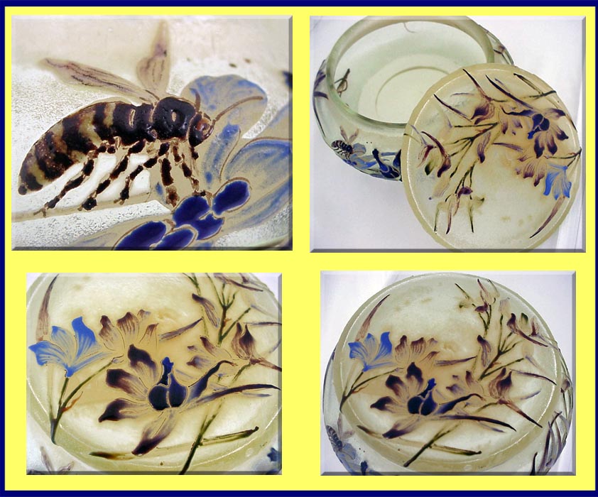 Galle signed Enamel Art Glass box Bee and Flowers Antique (3149)