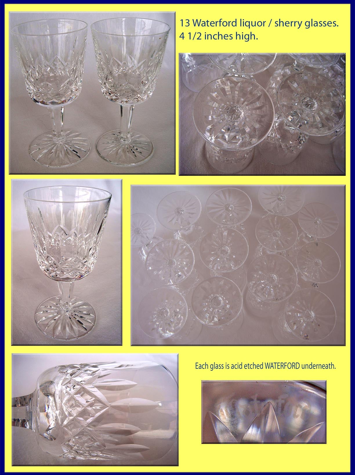 Waterford vintage set 13 signed cut glass  sherry wine glasses (4245)