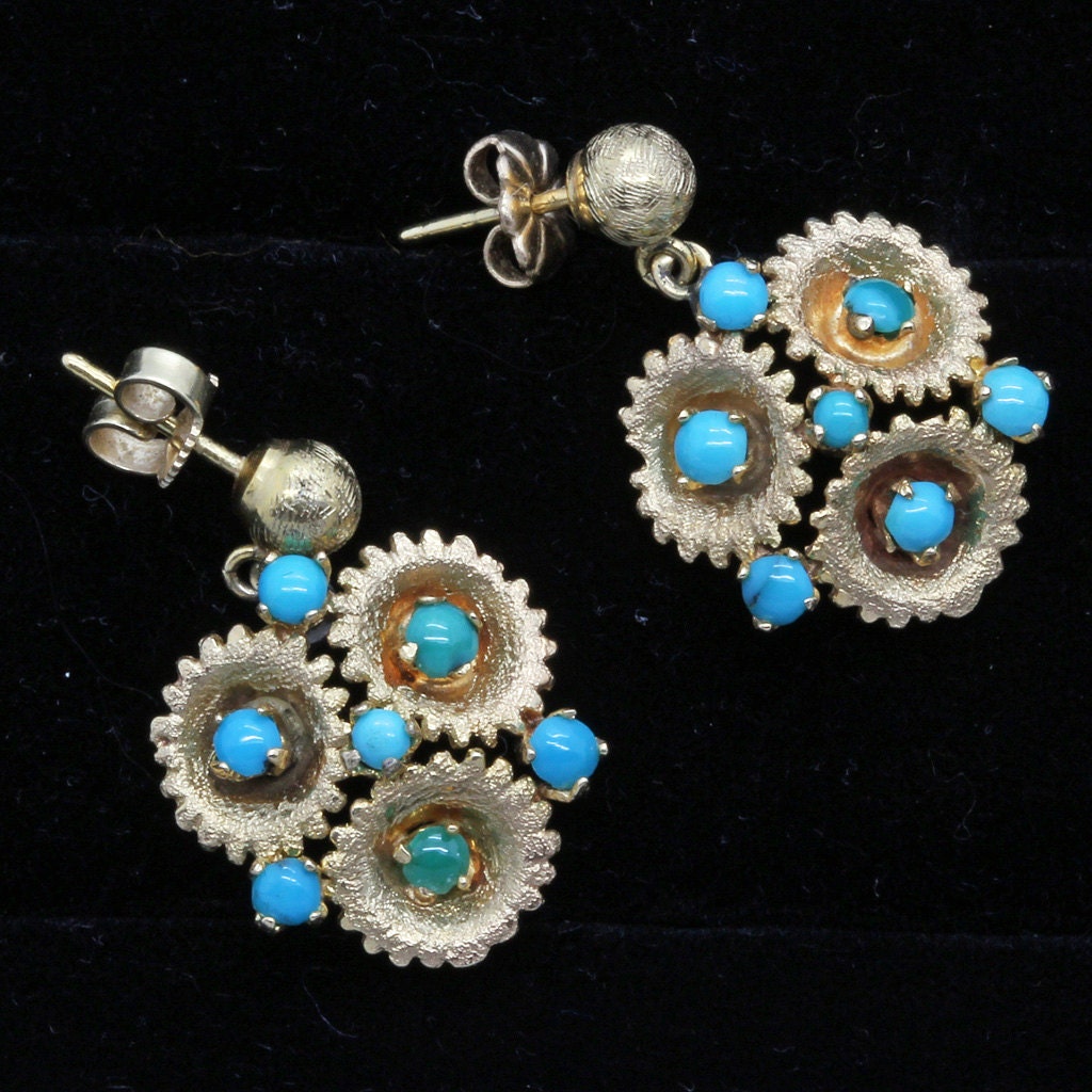 Vintage Earrings Retro 14k Gold Turquoise circa 1940 - 1960 (6139)