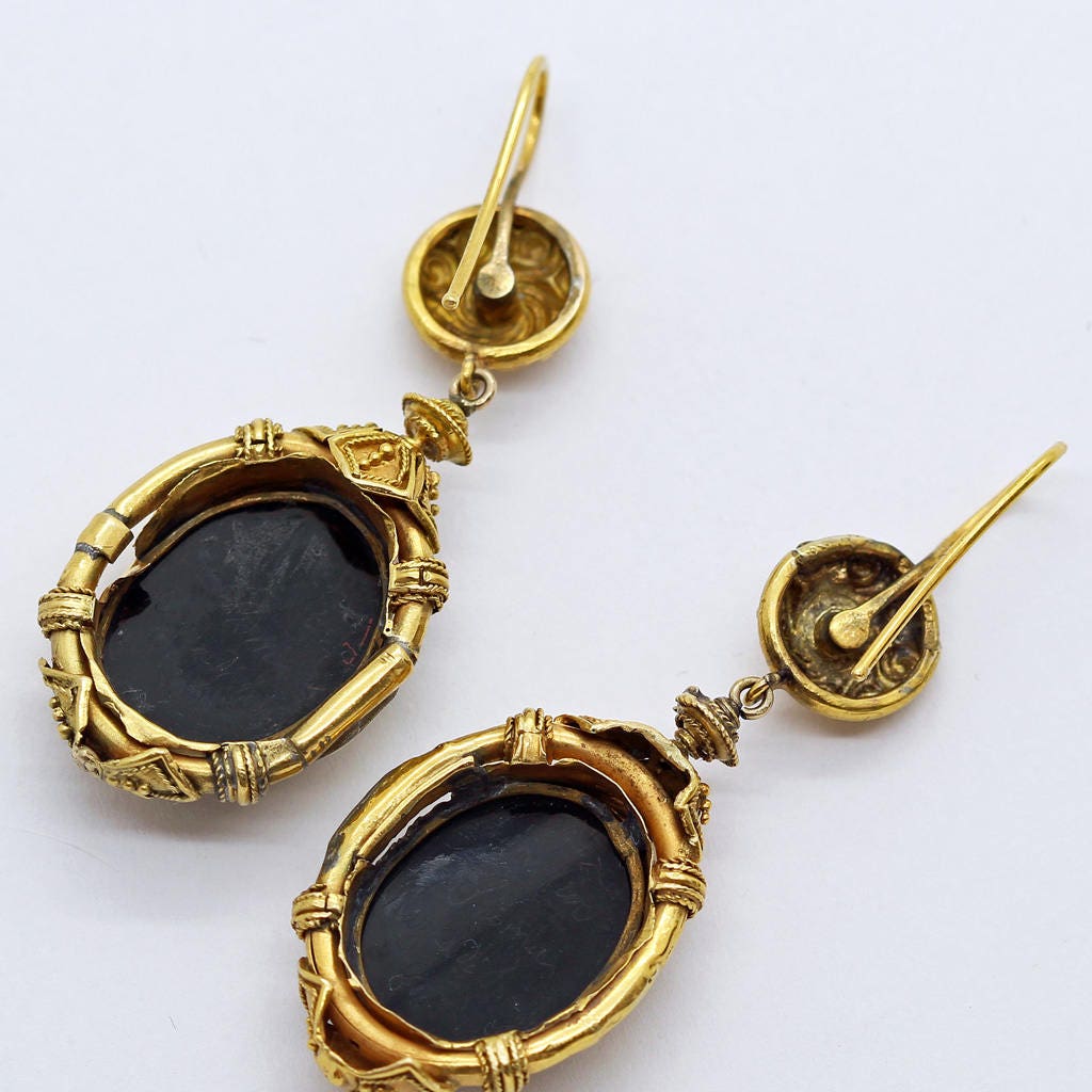 Antique Archaeological Revival Earrings Gold Carved Cameos Luigi Rosi (6281)