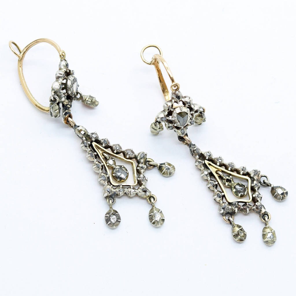 Antique Georgian Earrings Ear Pendants Gold Silver Diamonds France 18C (6300)