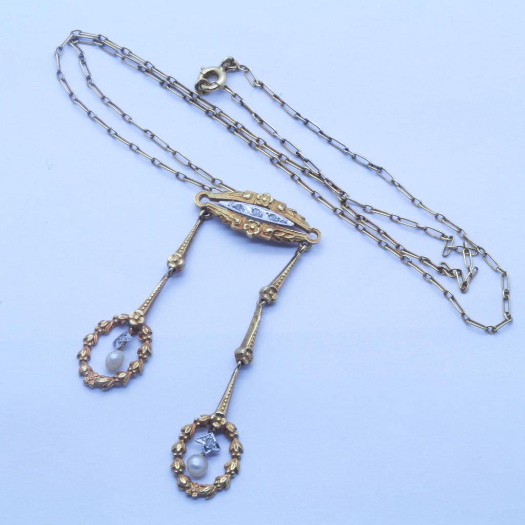 Antique Victorian Necklace Collier Neglige 18k Gold Diamonds Pearls French (6403)