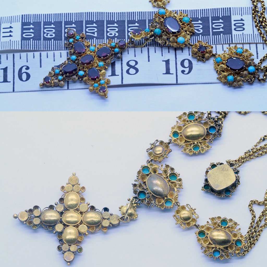 Georgian Necklace Pendant Cross Cannetille 18k Gold Turquoise Garnet (6425)