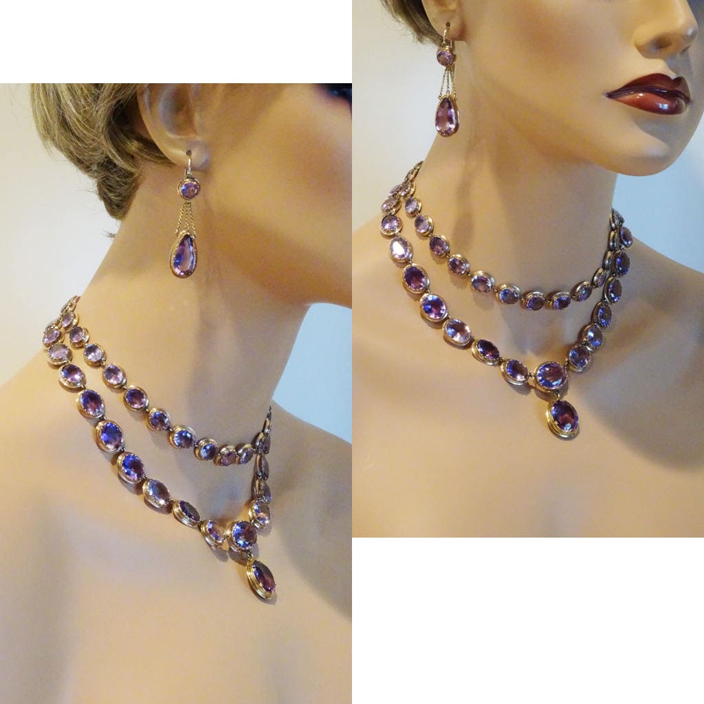 Victorian Necklace Earrings Set Day Night Double Riviere Amethyst Gold (6499)