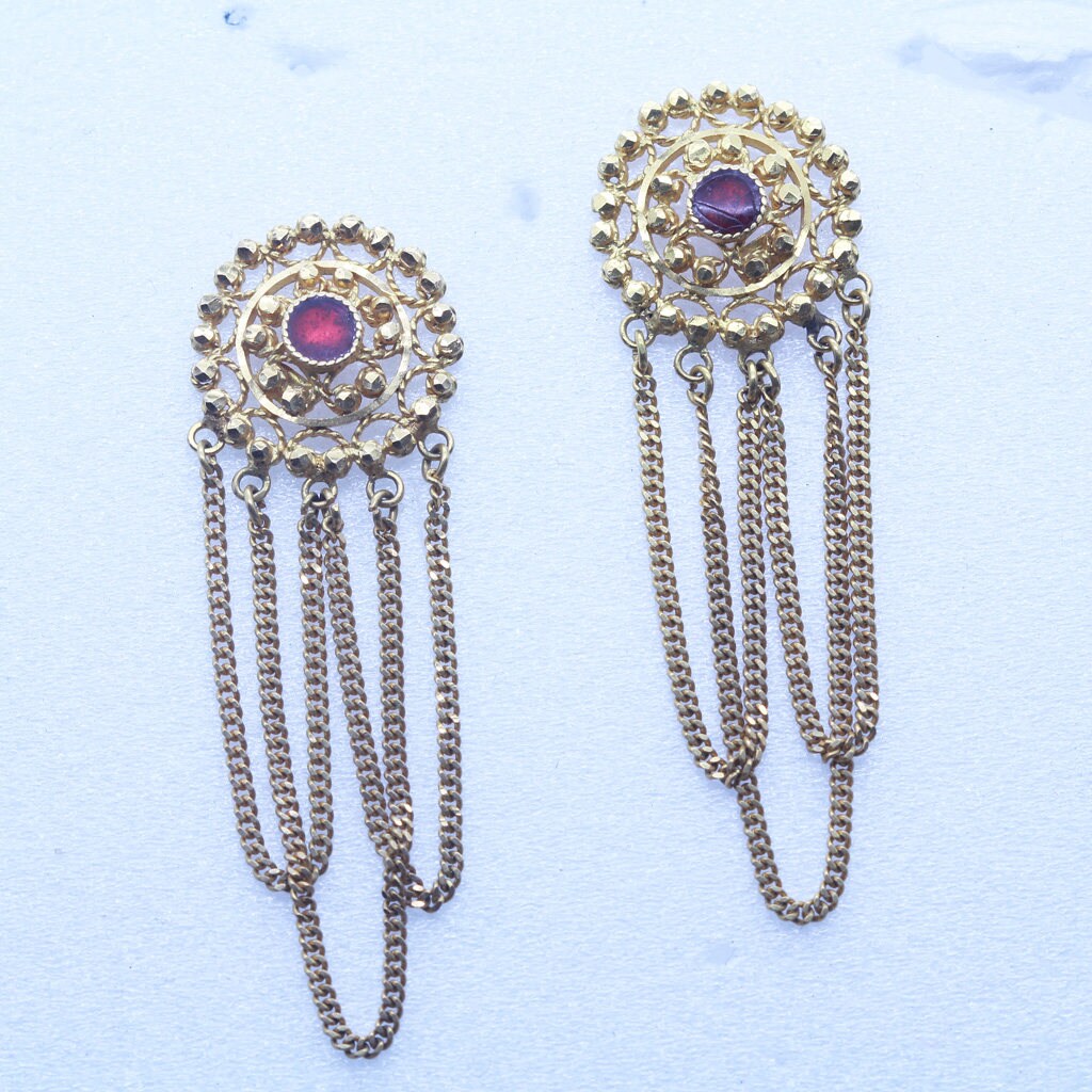 Antique Gold Earrings Gold Wire Granulation Dangle Chains Enamel India (6442)
