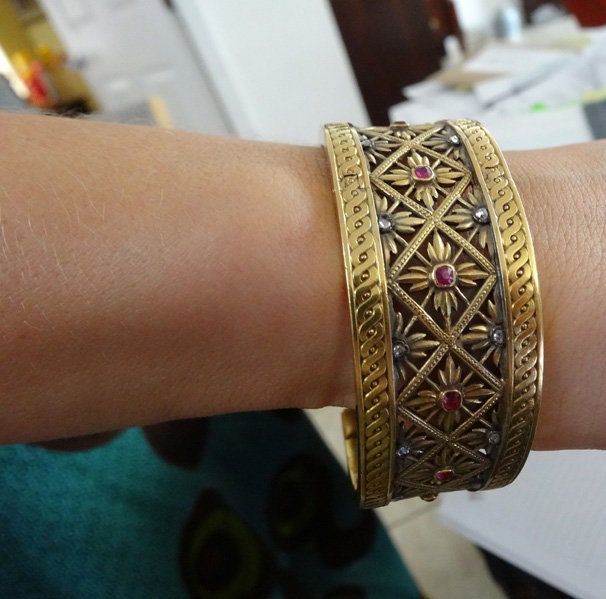 Antique Bangle Cuff Bracelet Gold Rubies Diamonds Froment-Meurice France (5614)