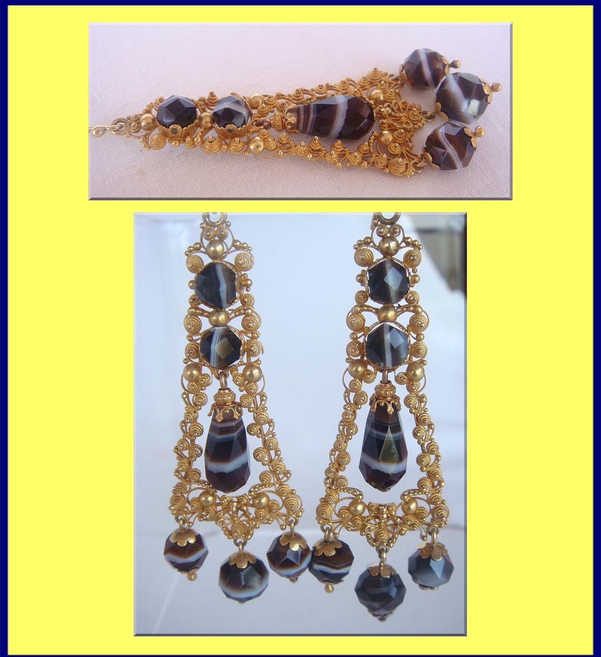 Antique Georgian Earrings Banded Agate 14k Gold Cannetille (4282)