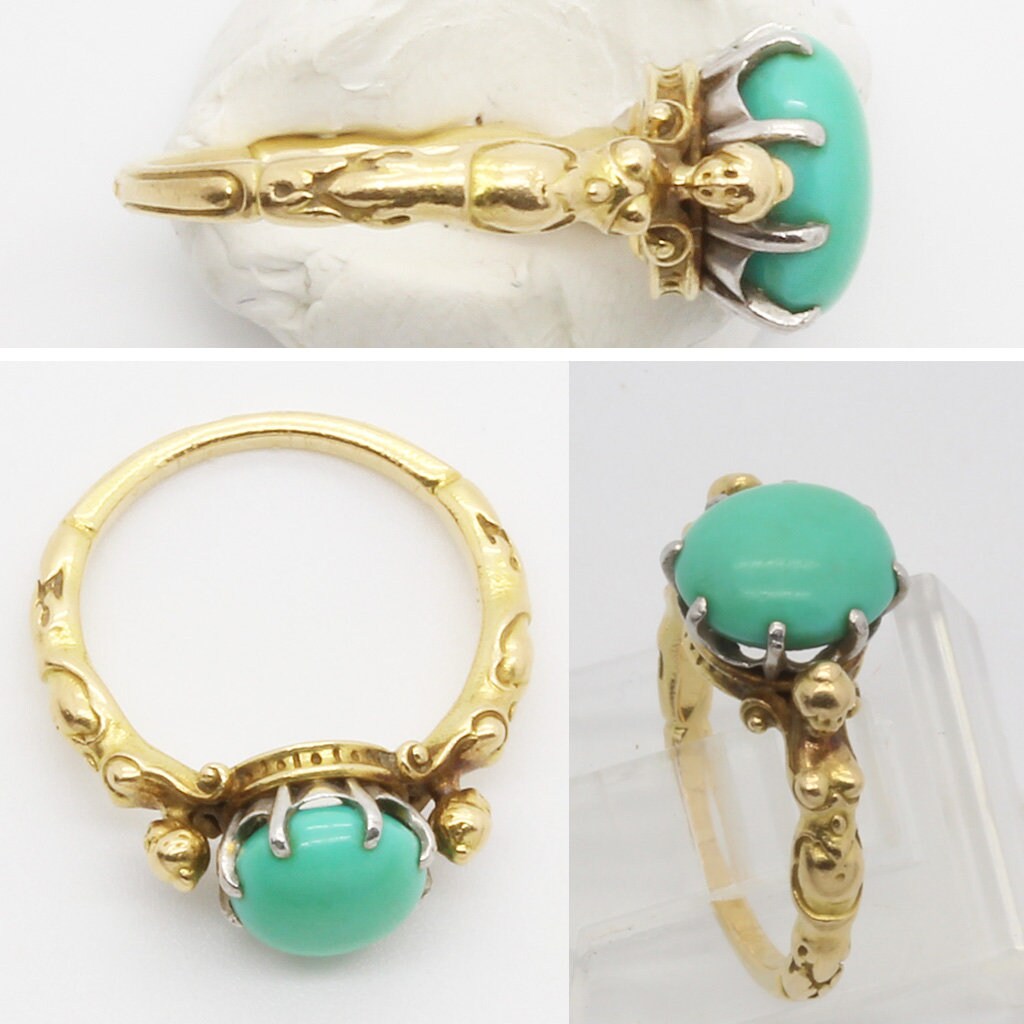 Antique Signed Wiese Ring Neo Renaissance 18k Gold Turquoise Figural (6085)