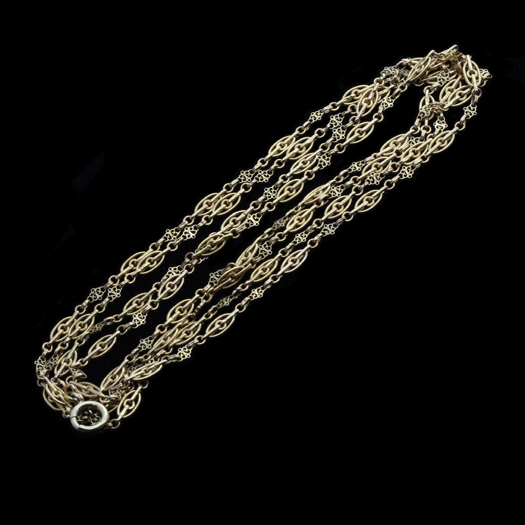 Antique Chain Necklace Sautoir 18k Gold Victorian Nouveau French Long (6573)