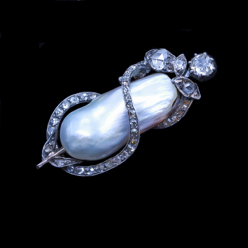 Antique Brooch Natural Pearl Certified 18k Gold Silver Diamonds Victorian (6578)