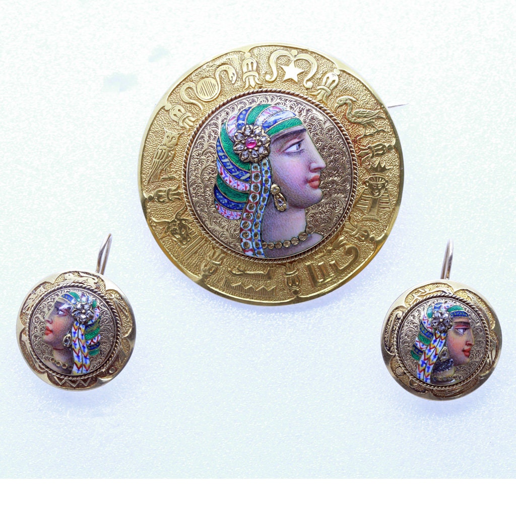 Antique Egyptian Revival Earrings Brooch Set 18k Gold Diamond Ruby Enamel (6616)