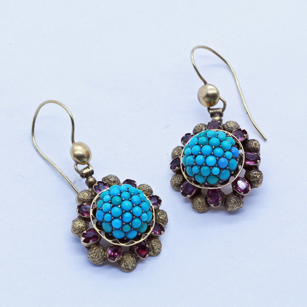 Antique Victorian Earrings 15ct Gold Turquoise Garnets English c1860 (6618)
