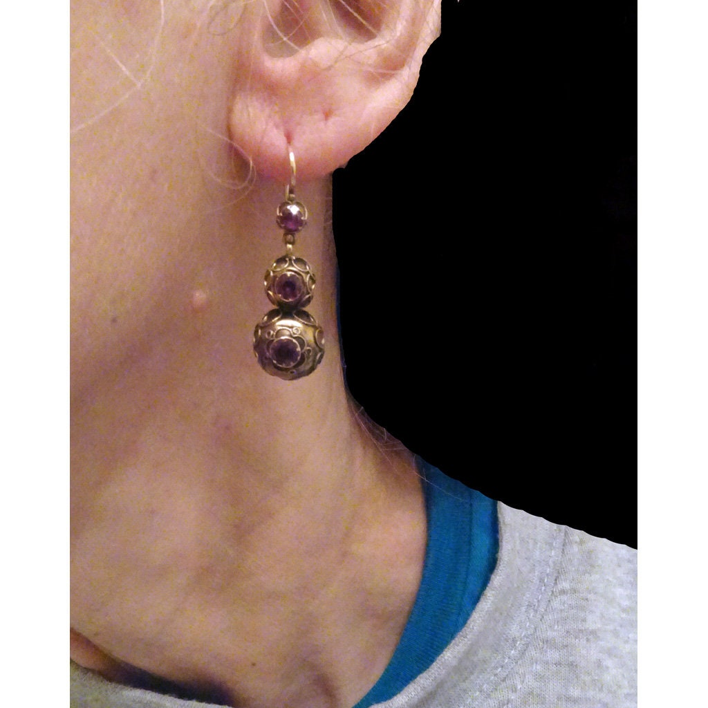 Antique Victorian Earrings Etruscan Revival Gold Garnet Ear Pendants (6691)