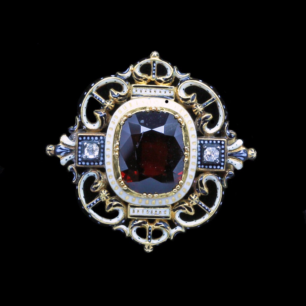 Carlo Giuliano Brooch Renaissance Revival Gold Enamel Garnet Diamonds (6671)