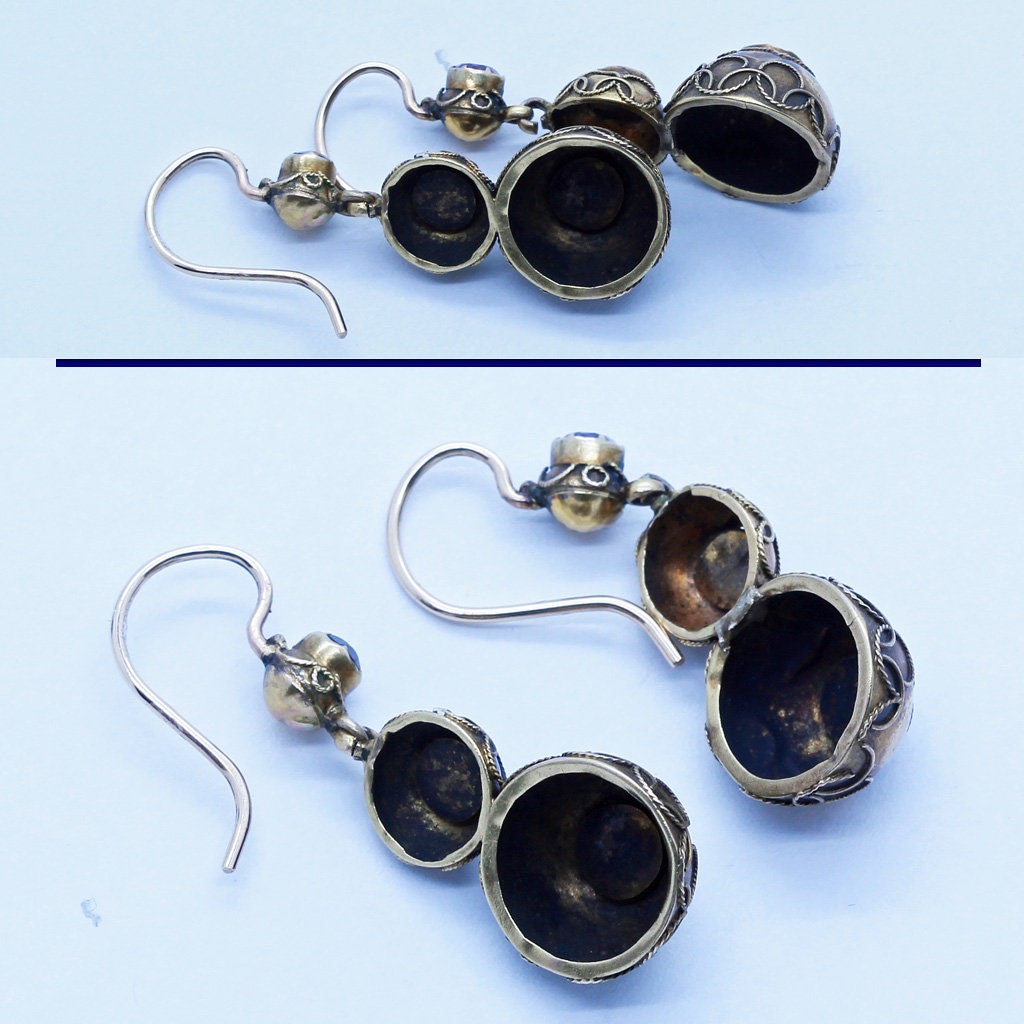 Antique Victorian Earrings Etruscan Revival Gold Garnet Ear Pendants (6691)