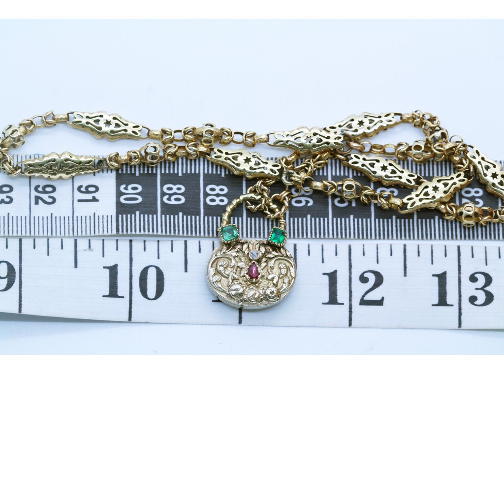 Antique Georgian Locket Pendant Gold Chain 15k Gold Emeralds Ruby Diamond (6735)