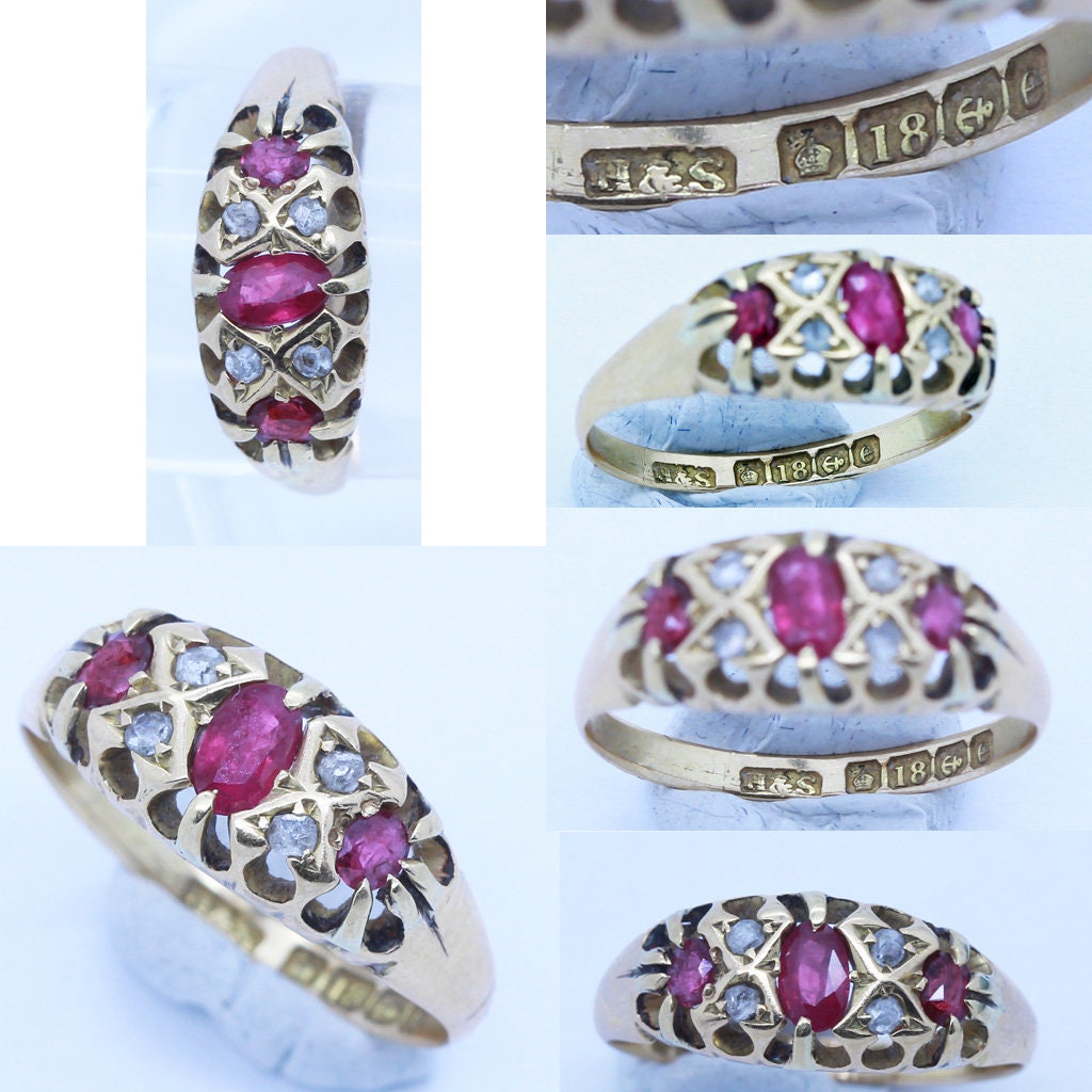 Antique Edwardian Ring 18k Gold Rubies Diamonds Birmingham England  (6729)