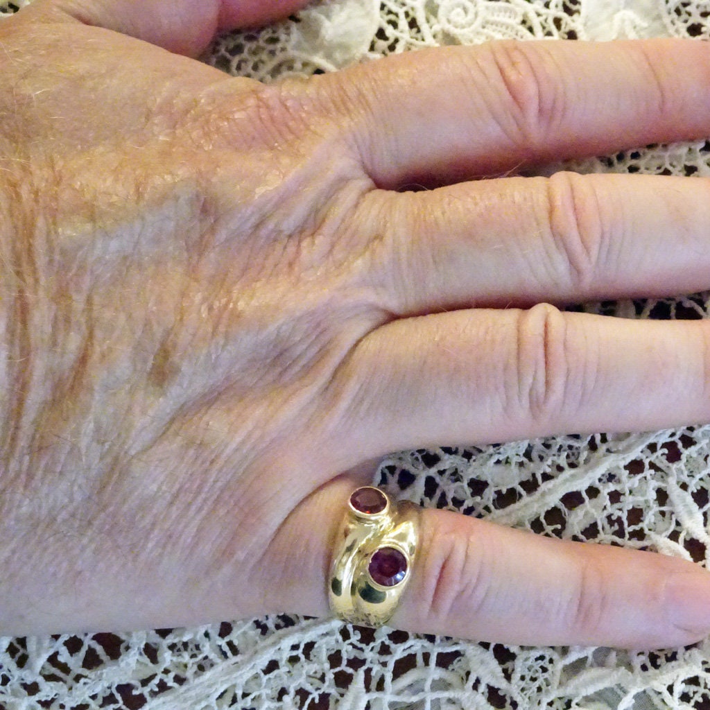 Vintage Ring 18k Gold Pink Tourmalines French Unisex Man Woman Wedding (6782)
