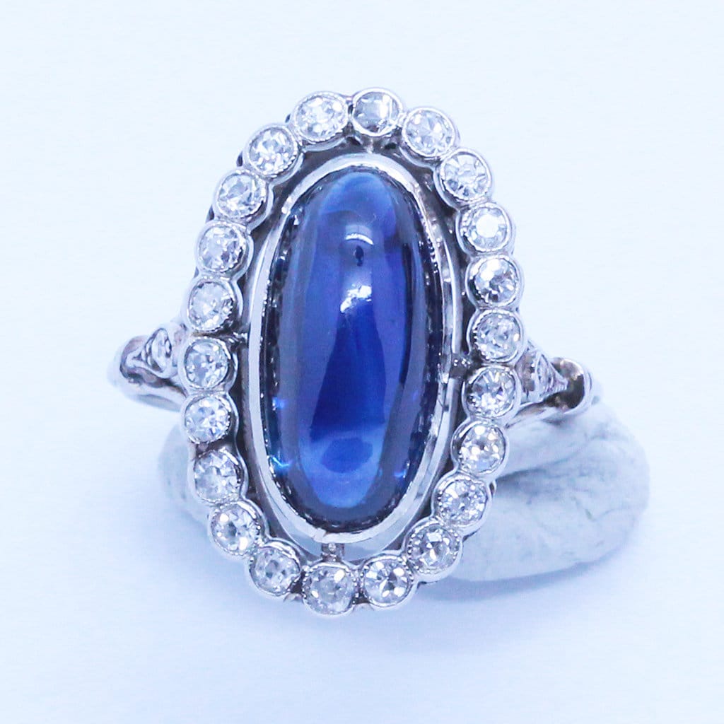 Antique Art Deco Ring Platinum Cab Sapphire Diamonds France w Appraisal (6794)