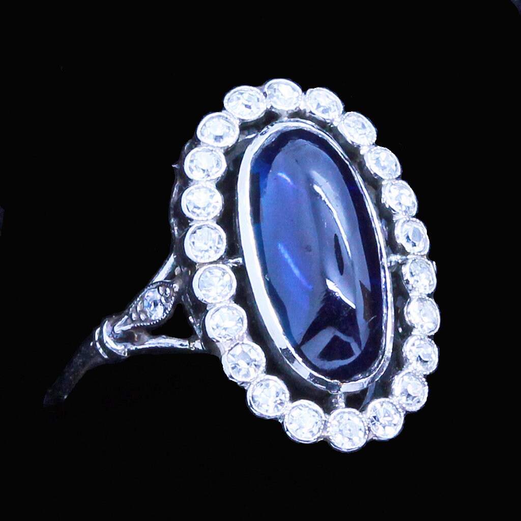 Antique Art Deco Ring Platinum Cab Sapphire Diamonds France w Appraisal (6794)