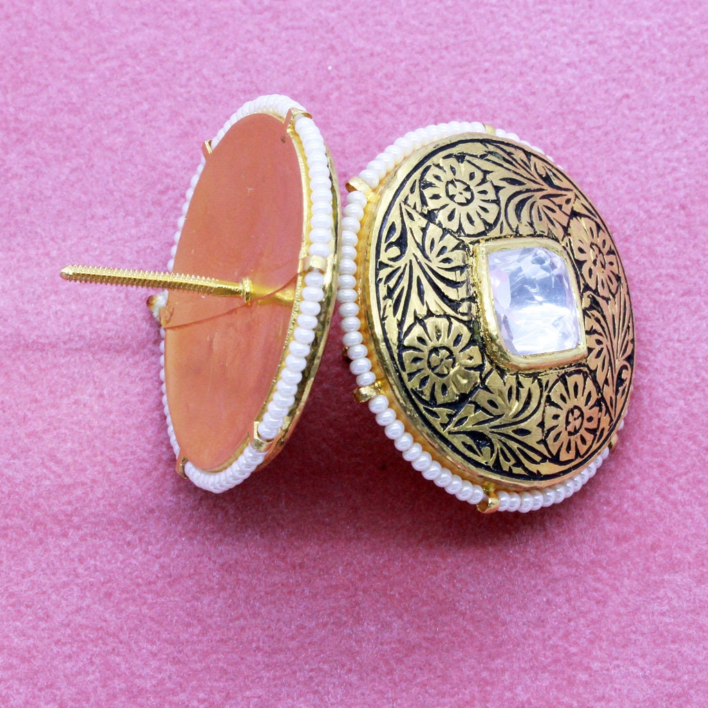 Antique Vintage Earrings 22k Gold Pearl White Sapphire Enamel Punjab India (6804)