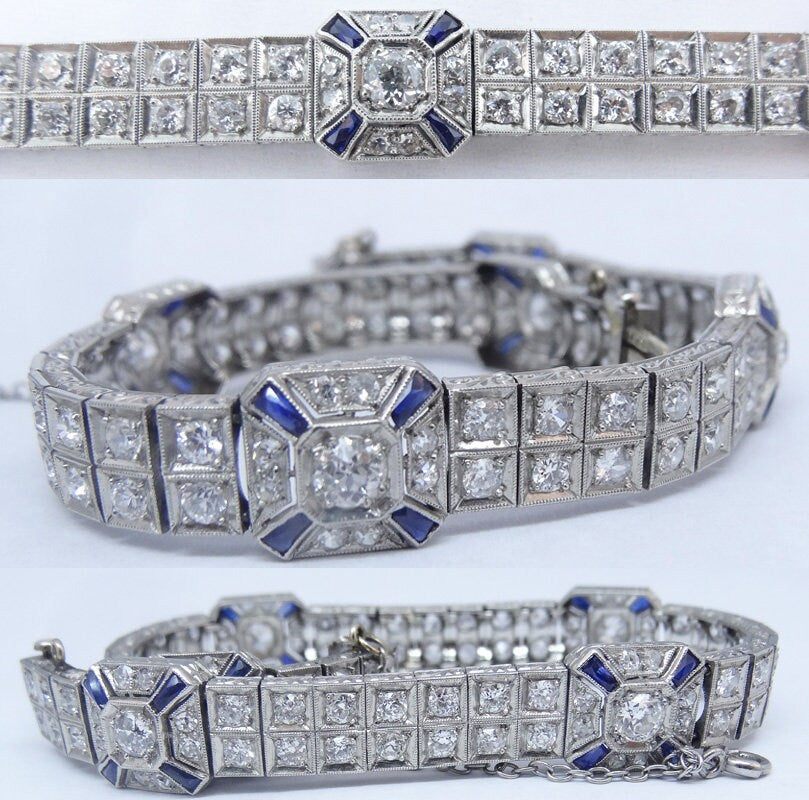 Vintage Art Deco Double Line Bracelet Platinum Diamonds Sapphires w Appraisal (5856)