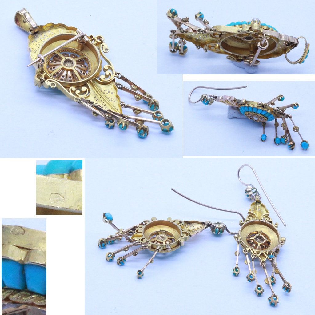 Antique Victorian Earrings Pendant Brooch Gold Turquoise Diamonds Pearls set (6787)