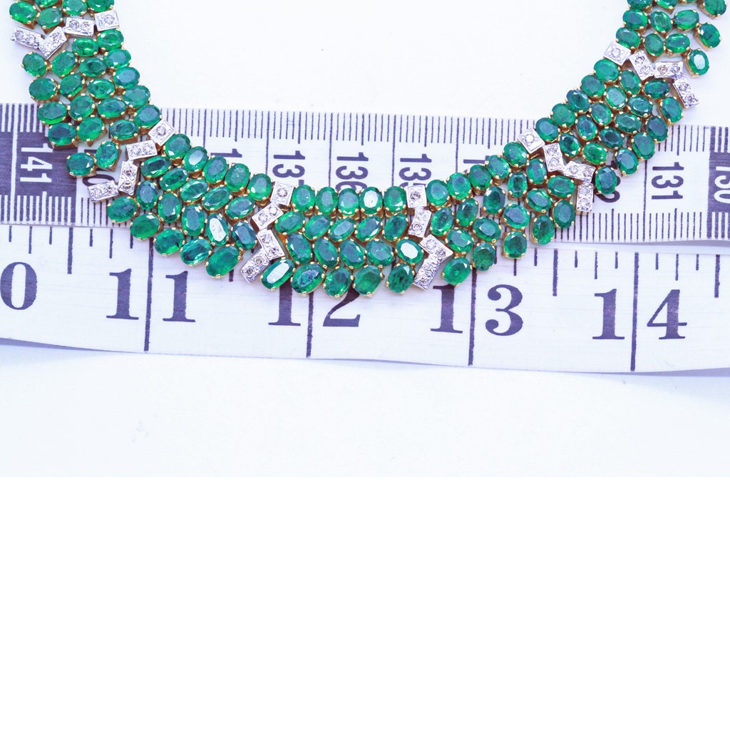 Vintage Necklace Bib 22k Gold 26ct Emeralds Diamonds Retro Appraisal India (6805)