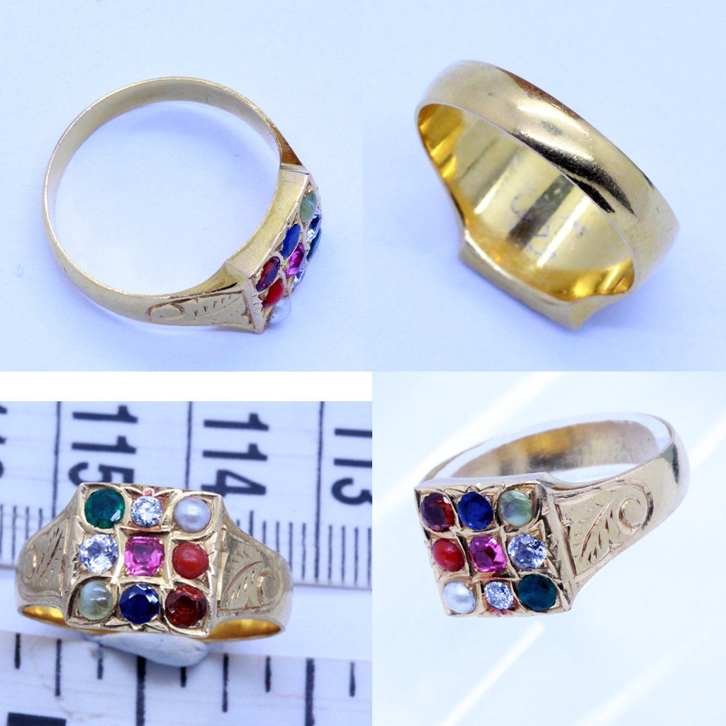 Antique Navaratna Ring 22k Gold Gems Amulet Unisex India (6824)