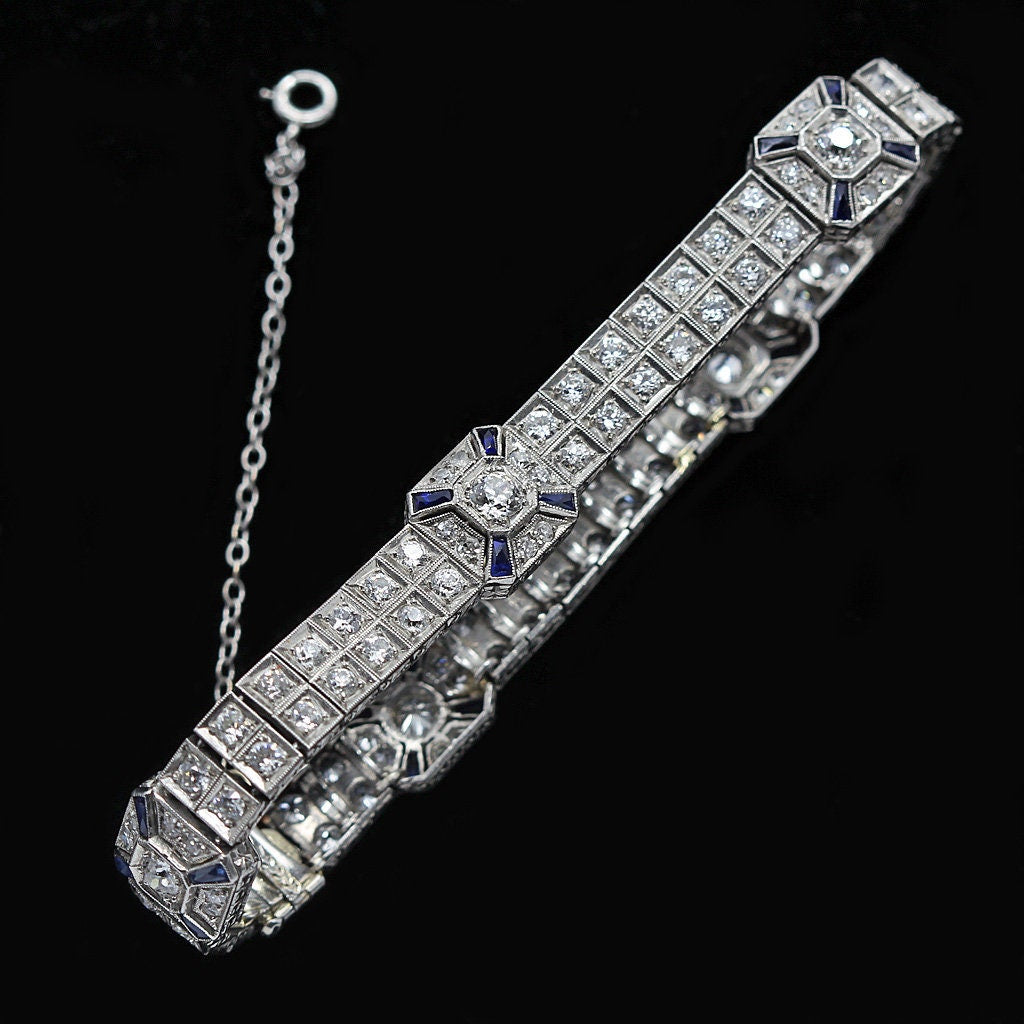 Vintage Art Deco Double Line Bracelet Platinum Diamonds Sapphires w Appraisal (5856)