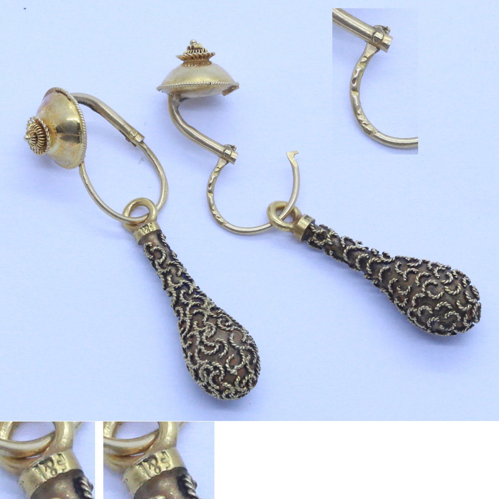 Antique Victorian Earrings 14k Gold Filigree Day Night Possibly Russian (6847)