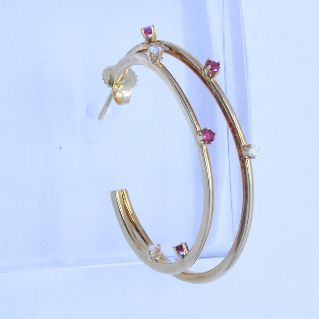 Vintage Tiffany and Co Hoop Earrings 18k Gold Rubies Diamonds c1995  (6875)