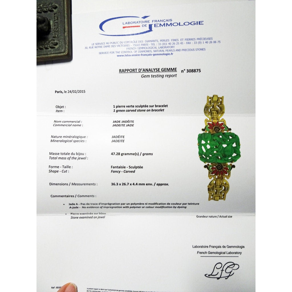 French Art Deco Bracelet China Jade Plaque w Certificate Gold Enamel (5860)