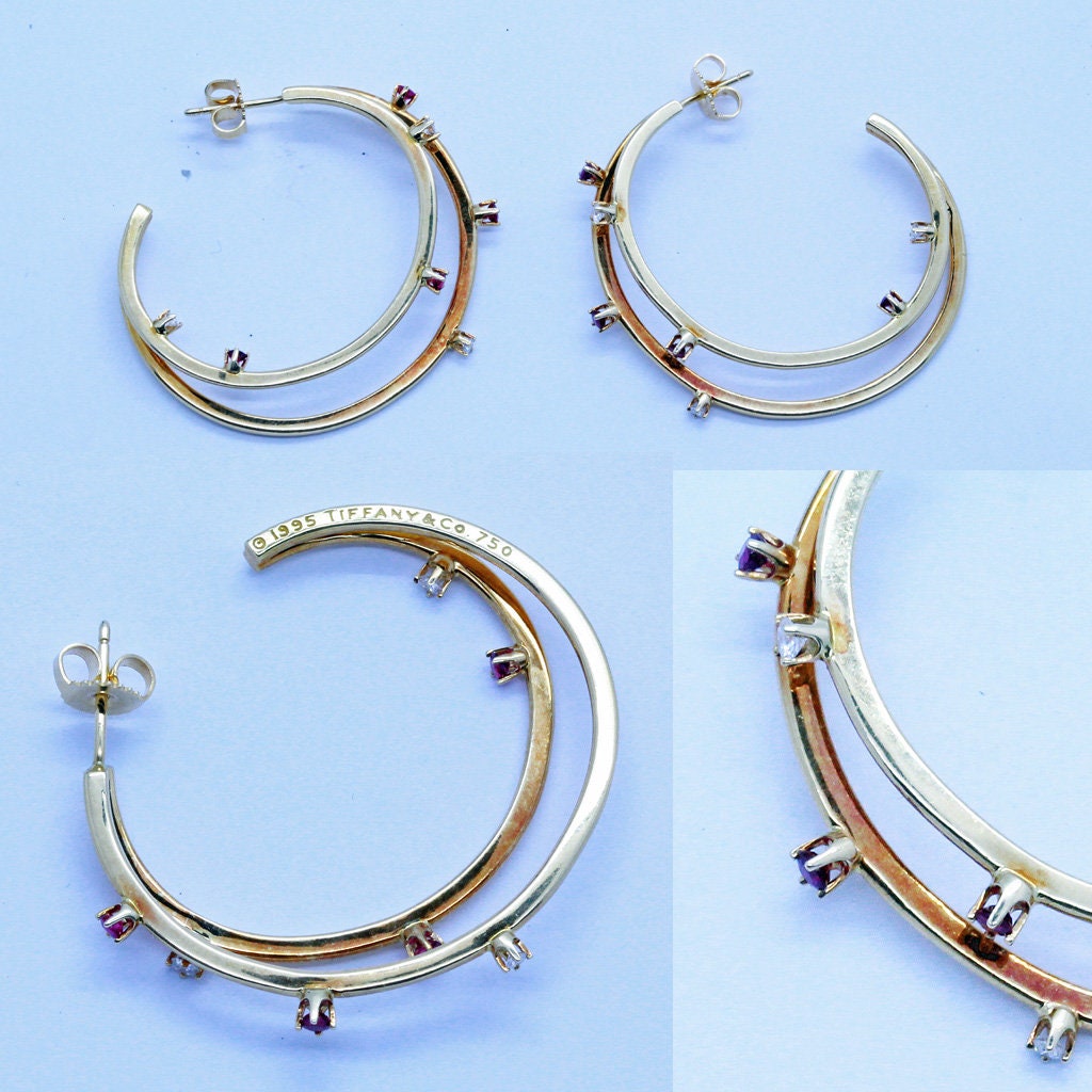 Vintage Tiffany and Co Hoop Earrings 18k Gold Rubies Diamonds c1995  (6875)
