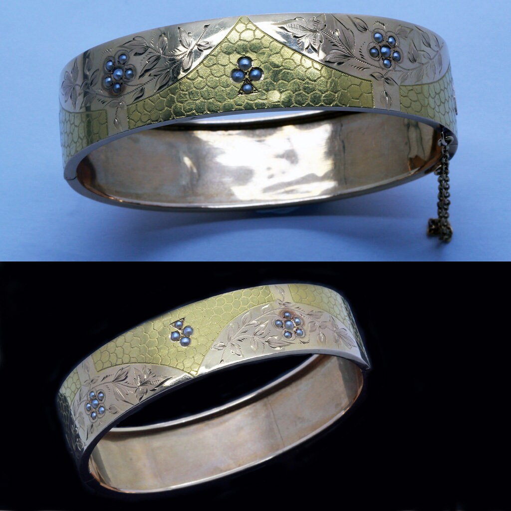 Antique Victorian Bangle Bracelet 18k Gold Pearls French Napoleon III 19C (6417)
