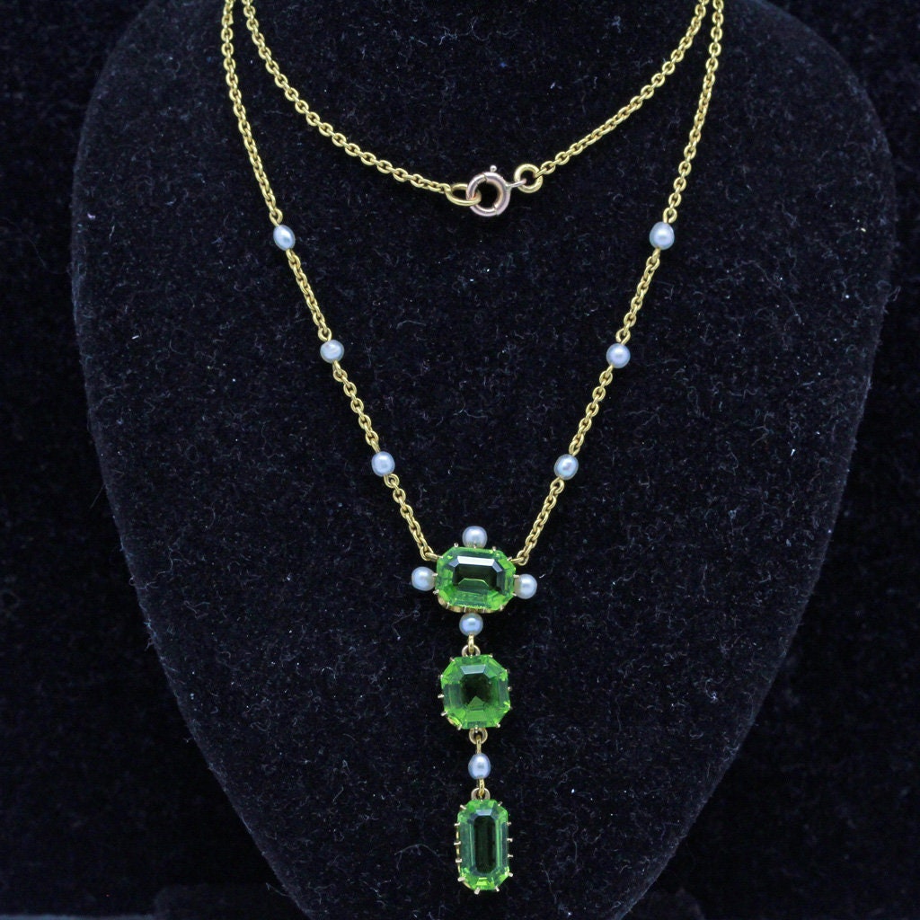Antique Edwardian Pendant Necklace 18k Gold Peridot Pearls w Appraisal (6891)