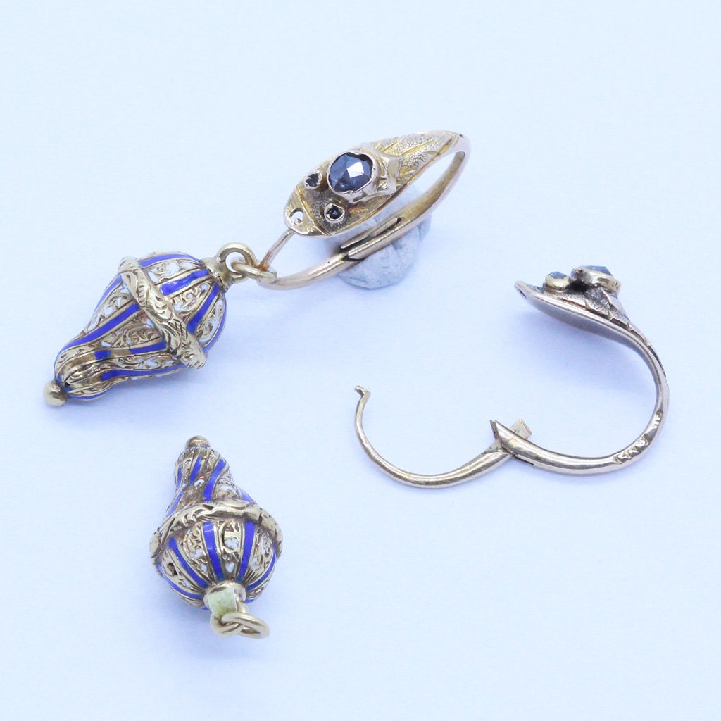 Antique Earrings 14k Gold Enamel Diamonds Ouroboros Snake Day Night Russian(6845)