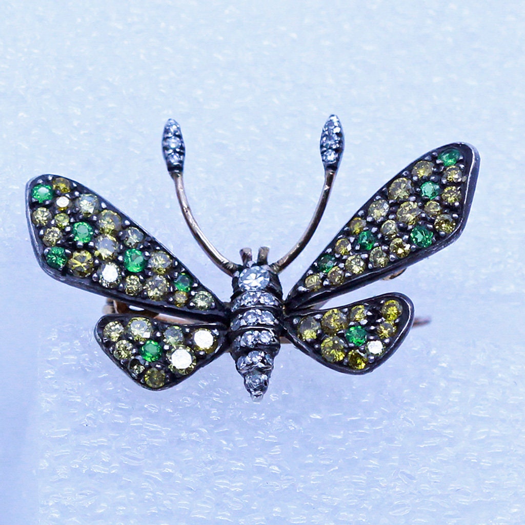 Vintage Butterfly Brooch Colored Diamonds Green Garnet Gold w Appraisal (6835)