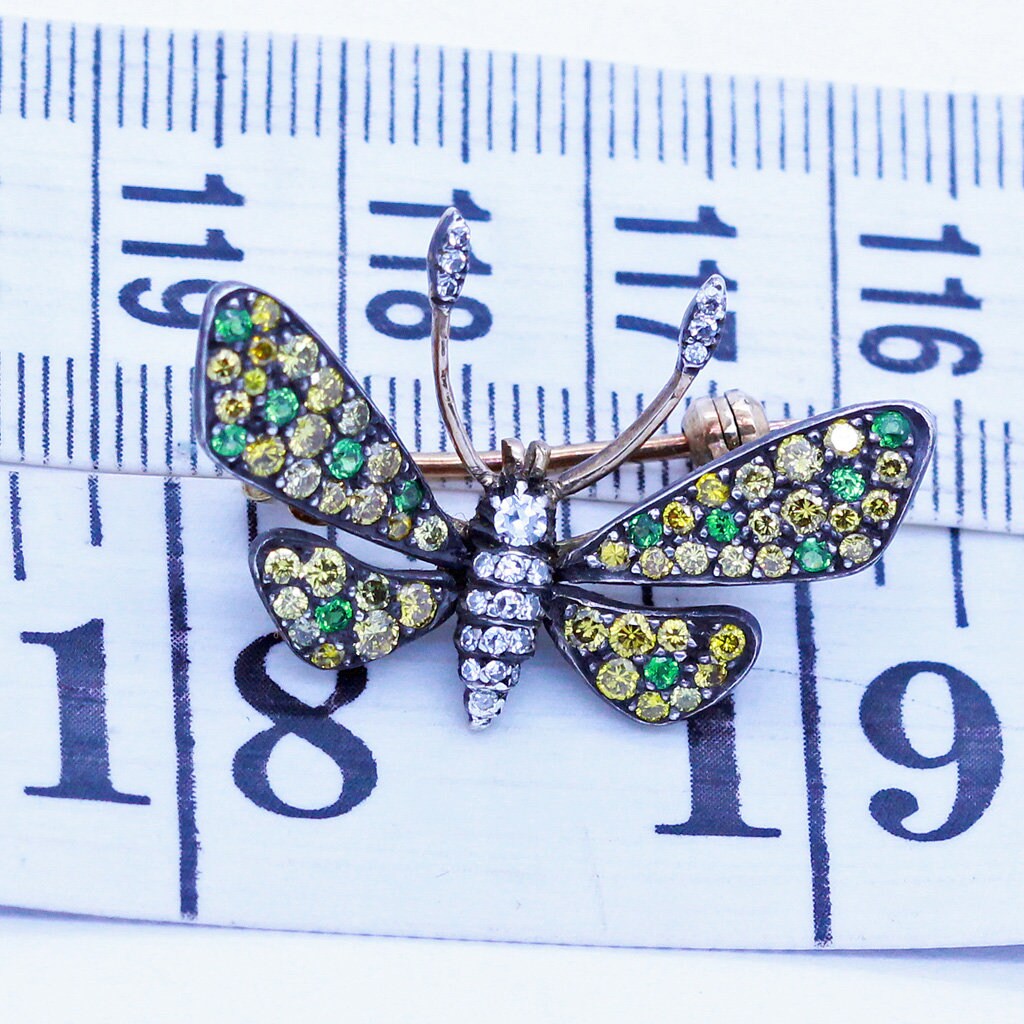 Vintage Butterfly Brooch Colored Diamonds Green Garnet Gold w Appraisal (6835)