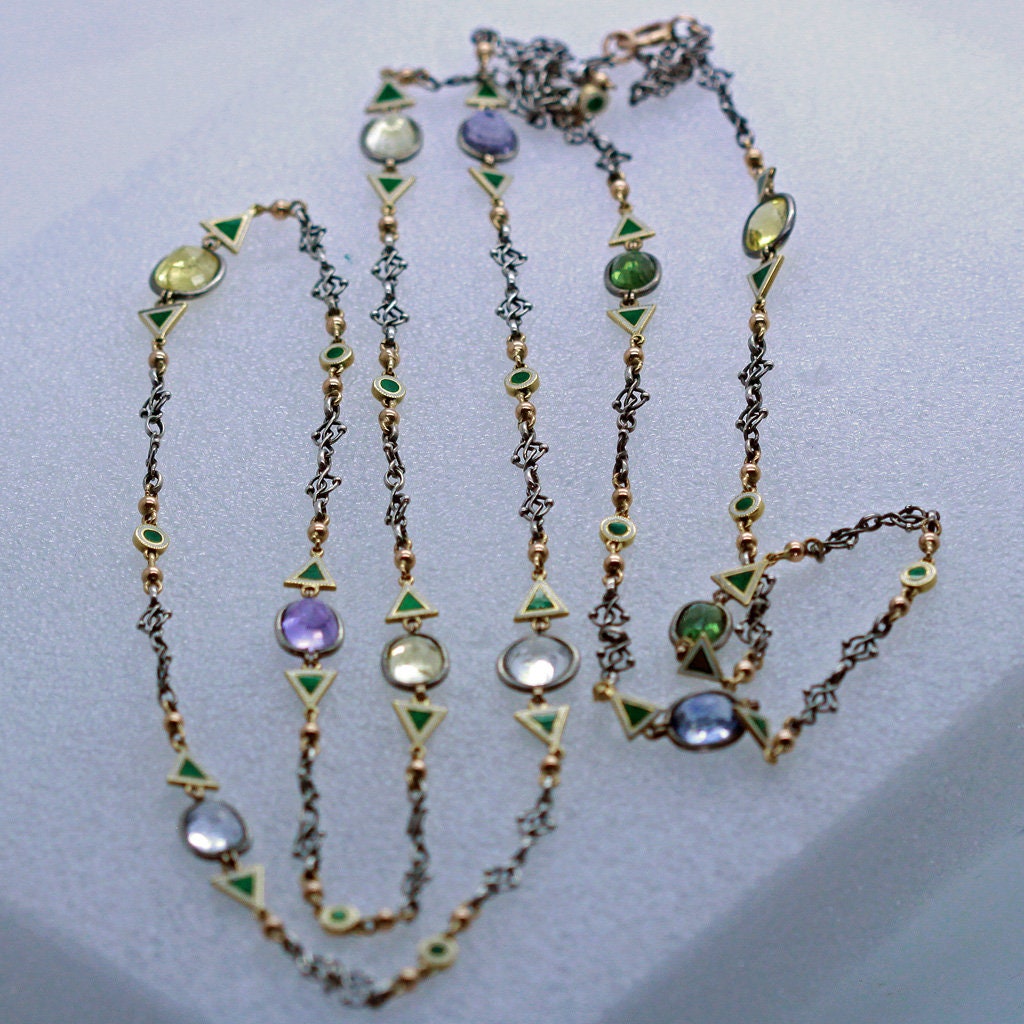 Antique Arts & Crafts Pair Chain Necklaces Gold Silver Sapphires Enamel (6940)