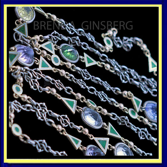 Antique Arts & Crafts Pair Chain Necklaces Gold Silver Sapphires Enamel (6940)