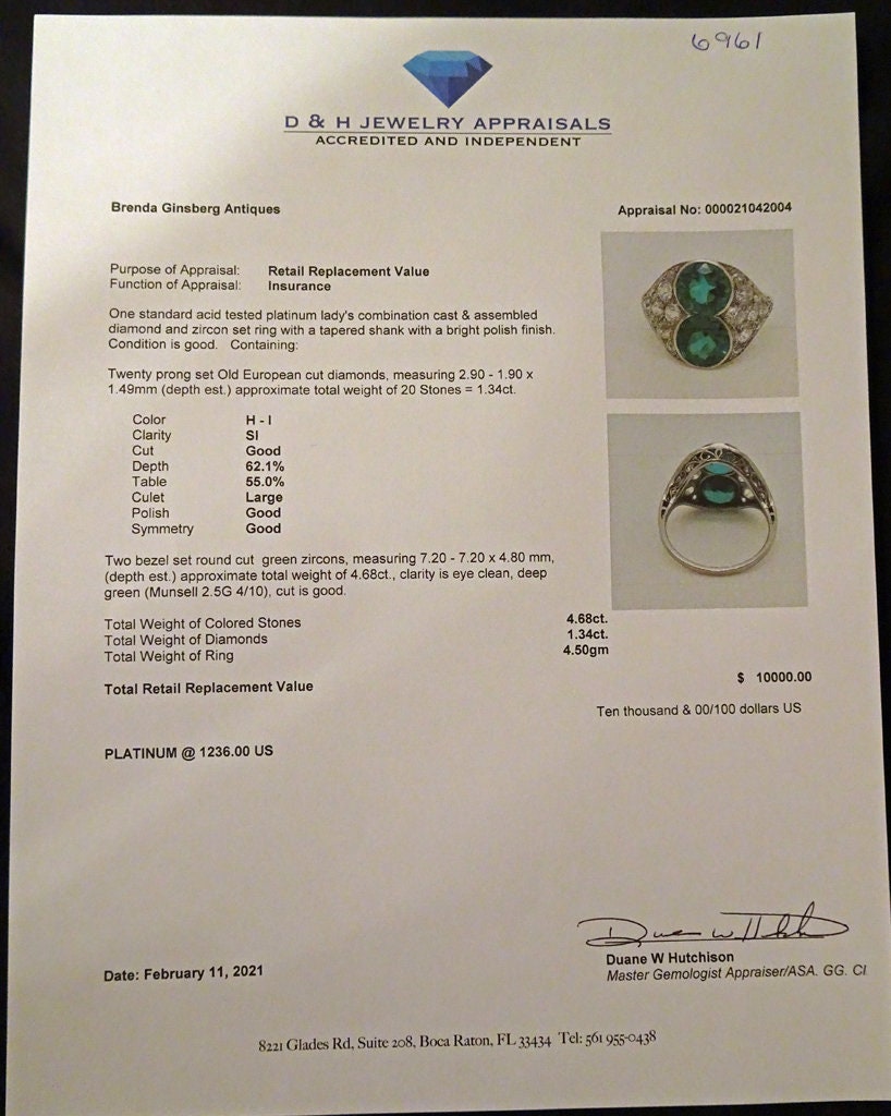 Antique Edwardian Ring Platinum Diamonds Rare Natural Zircon w Appraisal (6961)