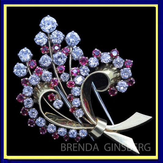 Vintage Retro Brooch Clip 18k Gold Diamonds Rubies Appraisal Flowers Unisex(6973)