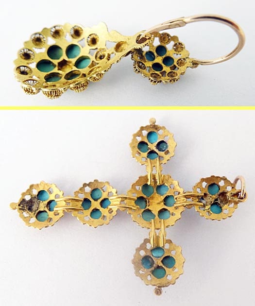 Antique Georgian Jewelry Set Gold Cannetille Turquoise Earrings Cross (5432)