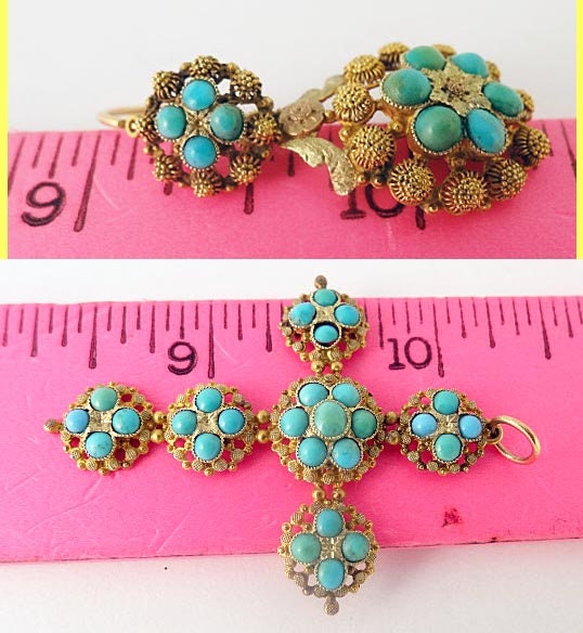 Antique Georgian Jewelry Set Gold Cannetille Turquoise Earrings Cross (5432)