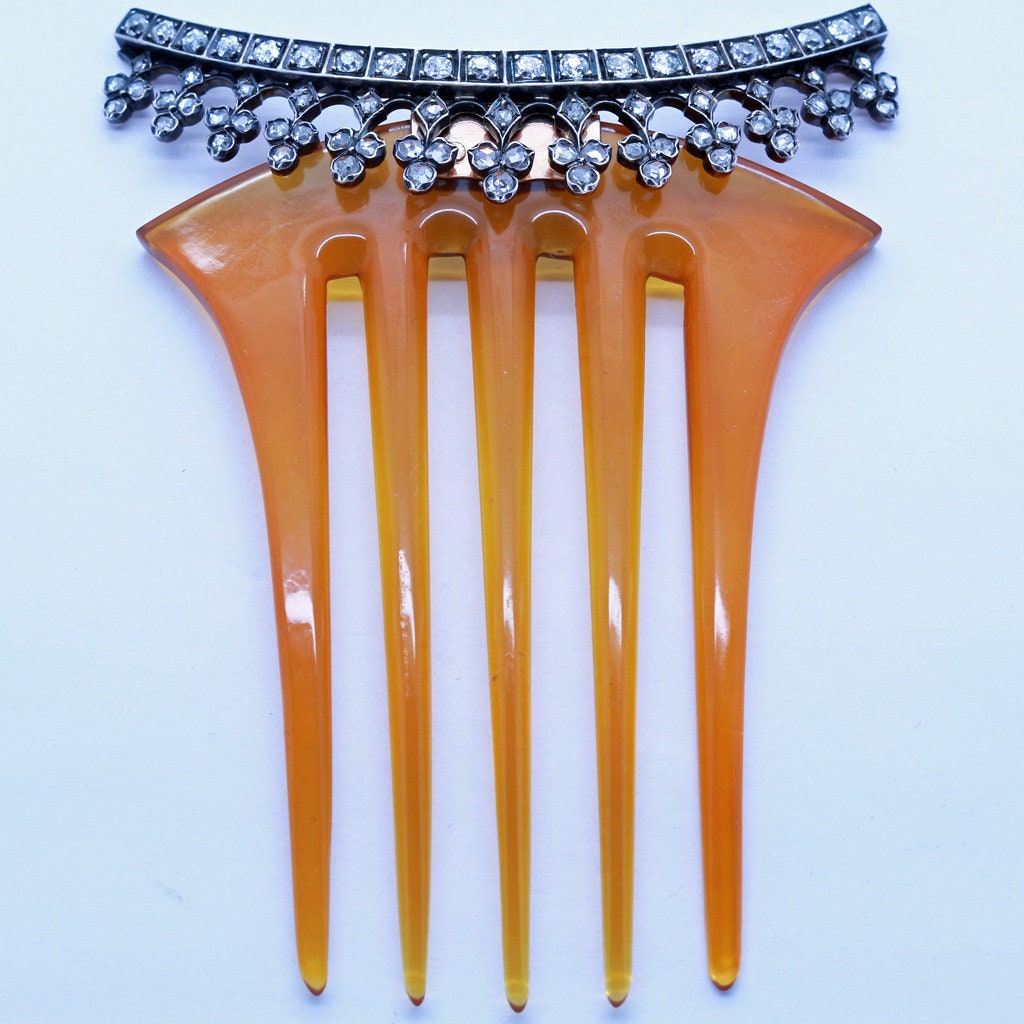 Victorian Hair Combs Brooches Tiara Antique Gold Diamonds Silver Set Paris (6544)