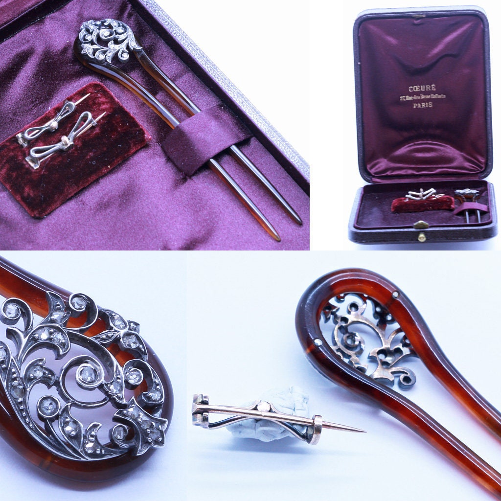 Victorian Hair Combs Brooches Tiara Antique Gold Diamonds Silver Set Paris (6544)