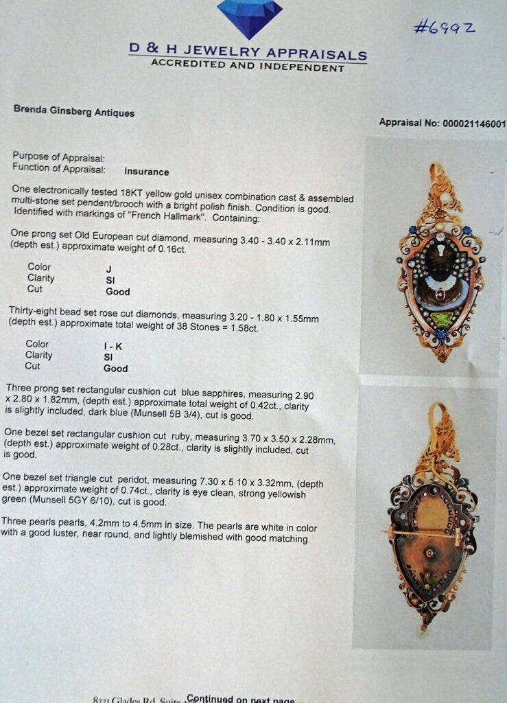 Antique Victorian Brooch Pendant Blackamoor Cameo Diamonds Sapphire Gold (6992)