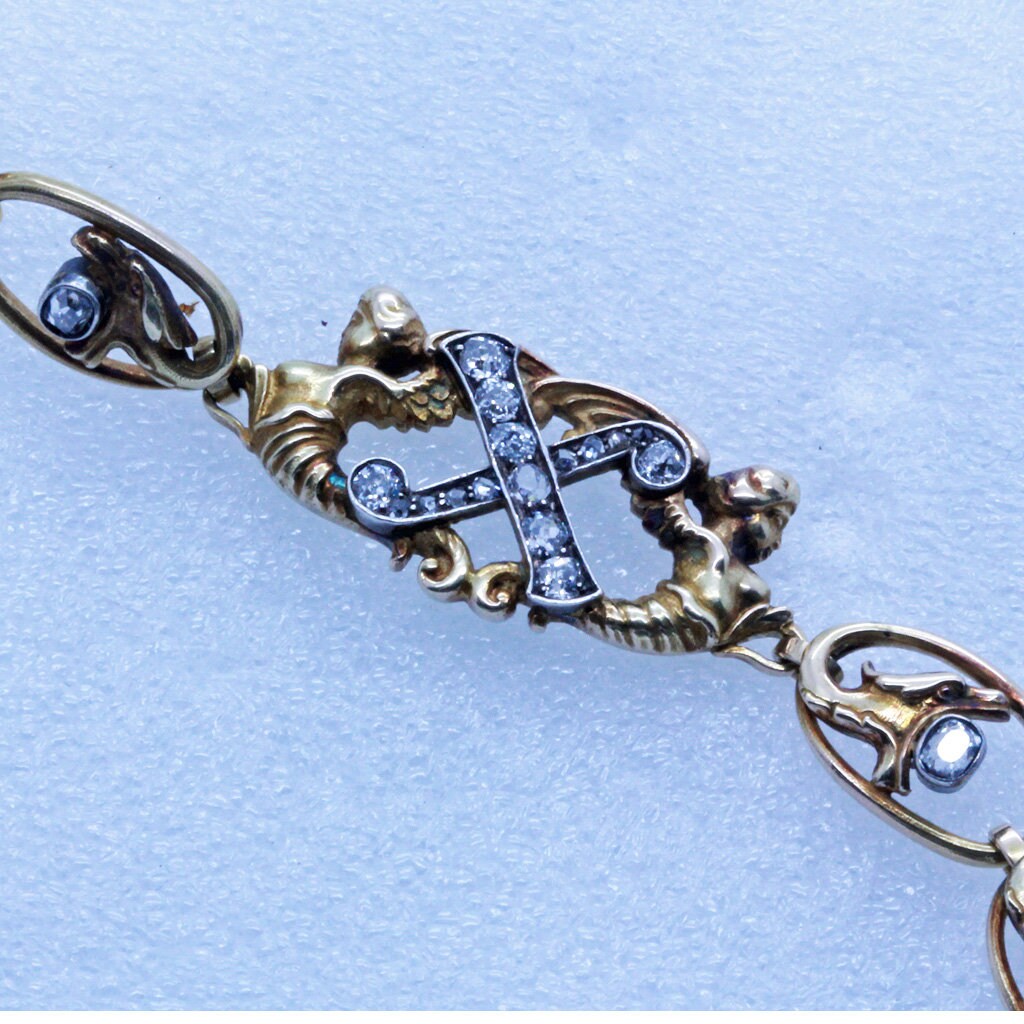Antique Russian Nouveau Bracelet Gold Diamond Mermaid Dragon Faberge Worker(7002)