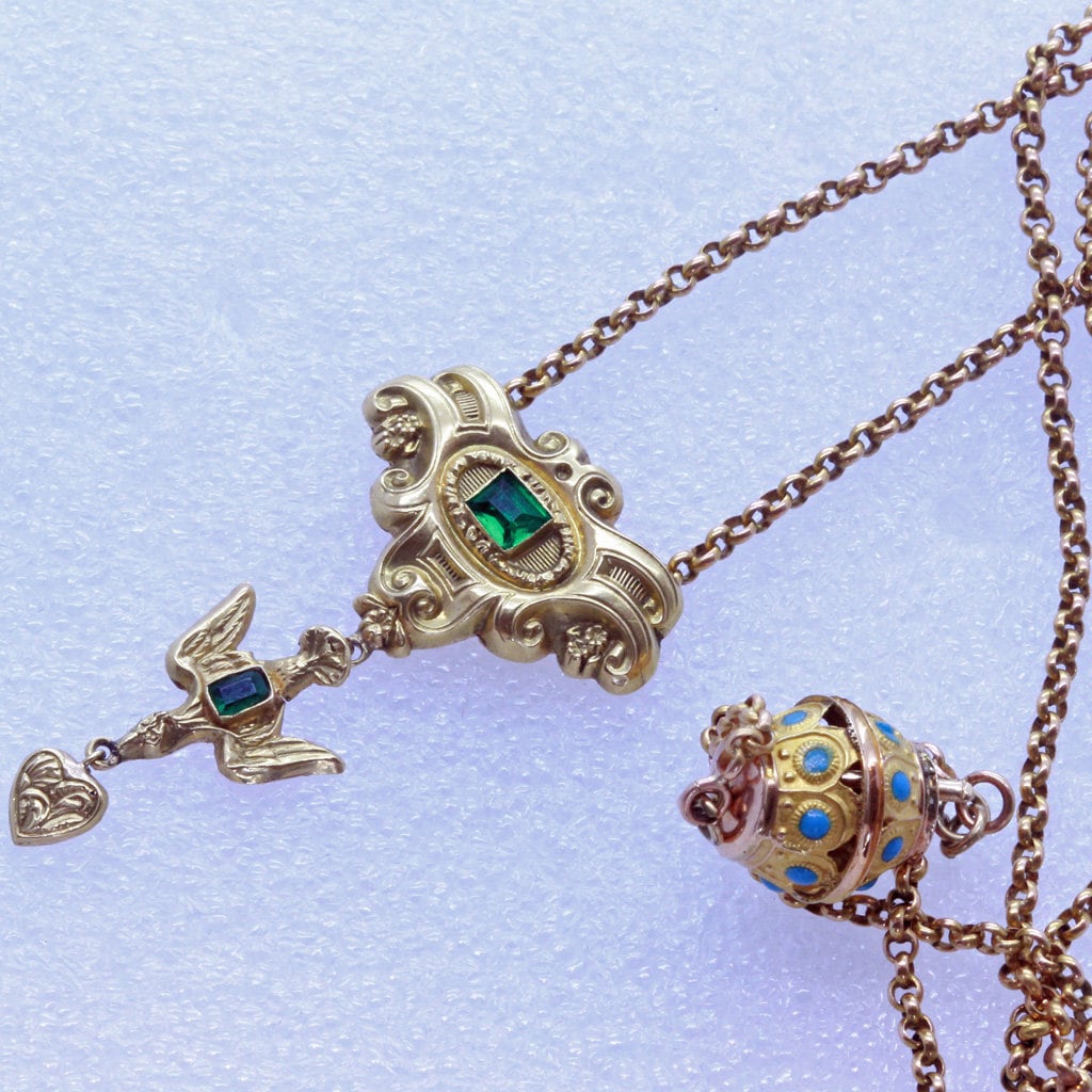 Antique Georgian French Necklace w St Esprit Pendant 18k Gold Enamel Paste(7024)